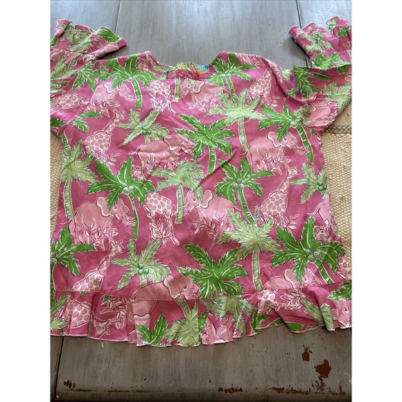 Palm Key Pink Green Elephant Giraffe Tree Print Button Front Shirt Ruffle Sz XL - Picture 8 of 10